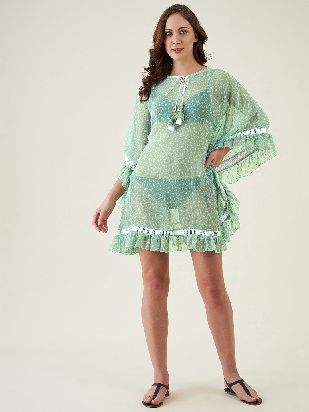 The Kaftan Company Kaftan Mint Green Polka Print Resort Kaftan