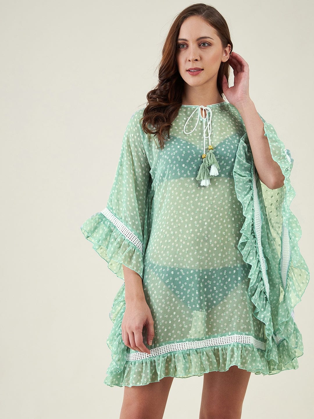 The Kaftan Company Kaftan Mint Green Polka Print Resort Kaftan