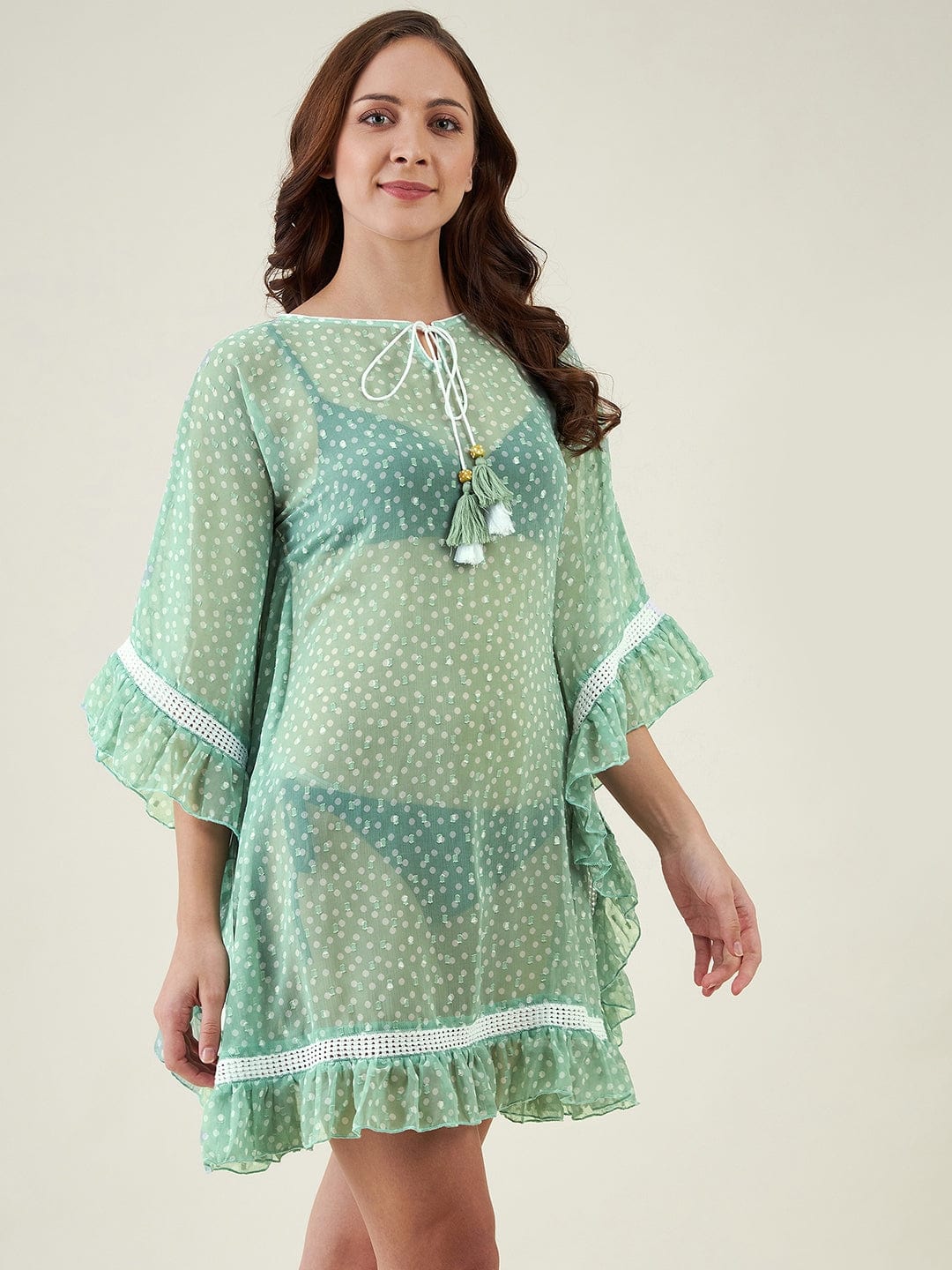 The Kaftan Company Kaftan Mint Green Polka Print Resort Kaftan