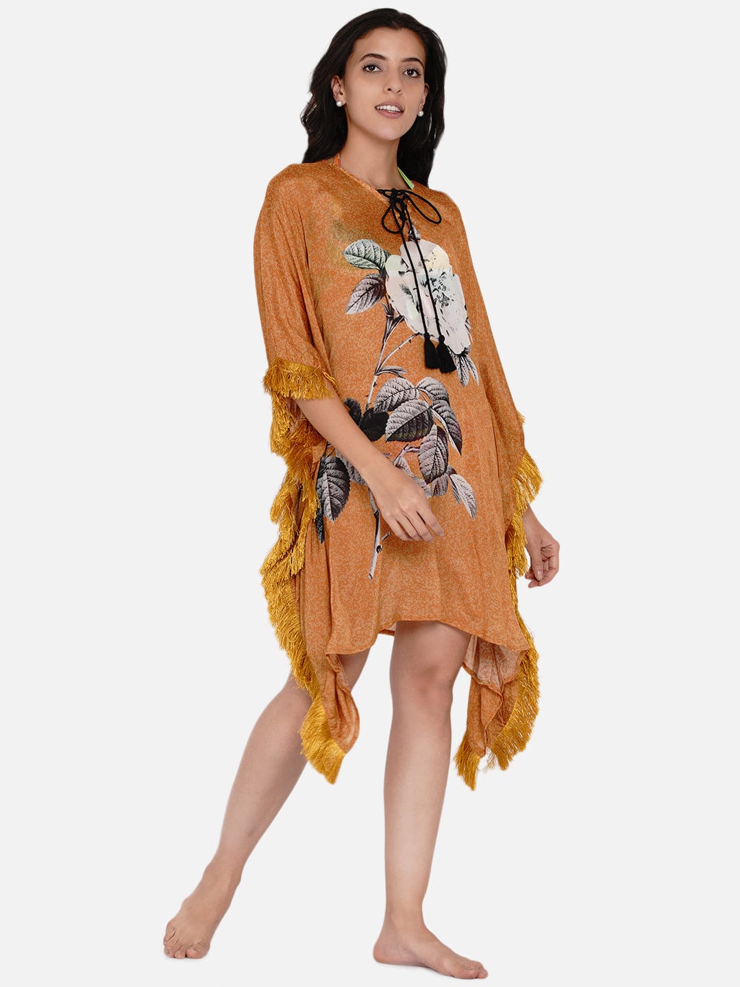 The Kaftan Company Kaftan Mustard Illustrated Flower Sheer Kaftan Coverup