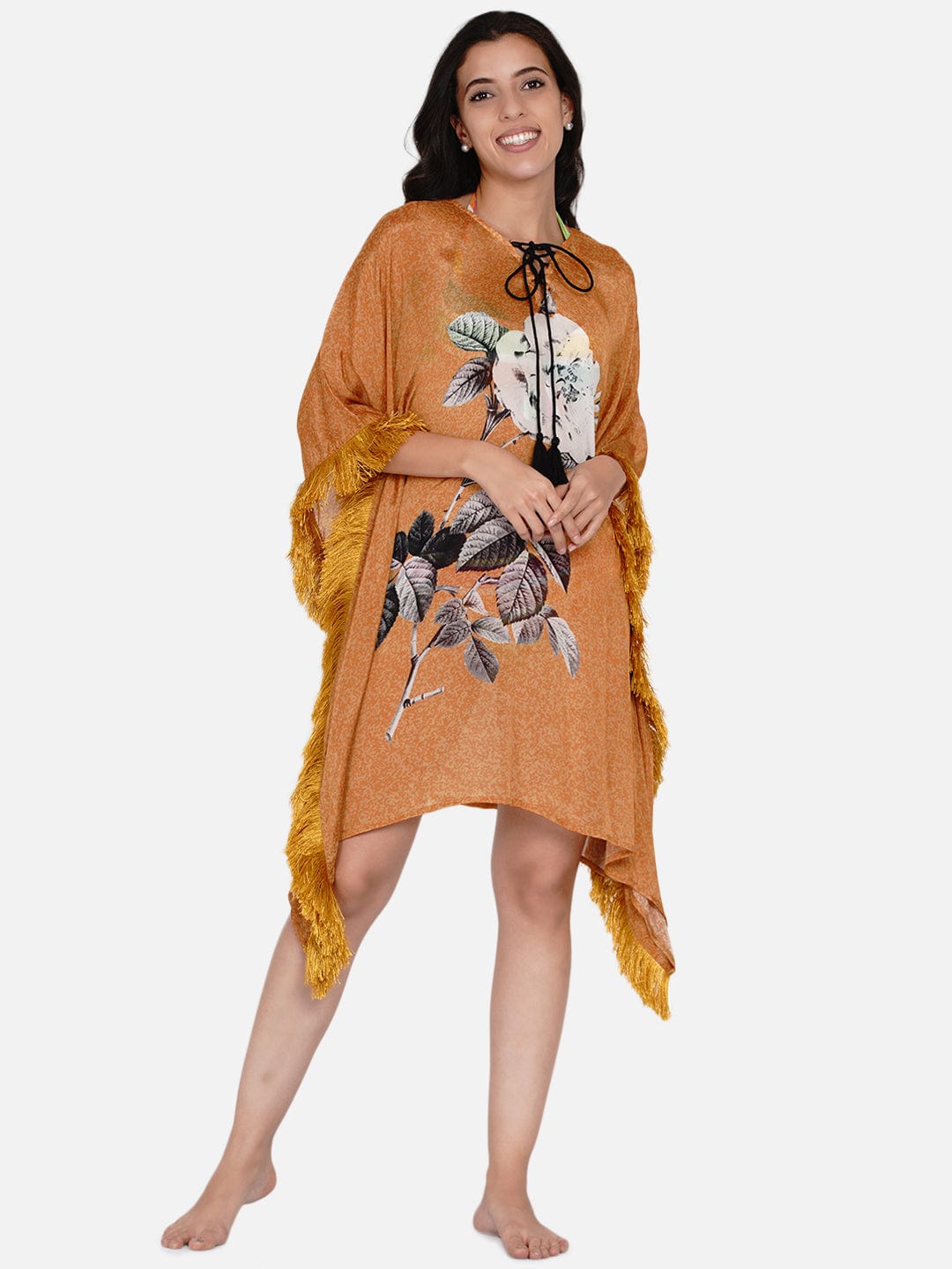 The Kaftan Company Kaftan Mustard Illustrated Flower Sheer Kaftan Coverup