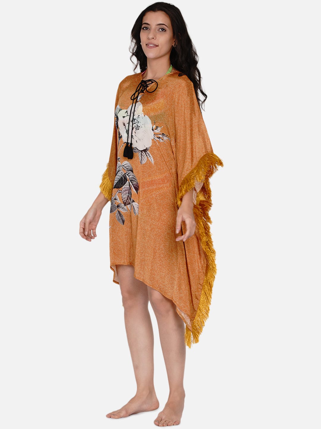 The Kaftan Company Kaftan Mustard Illustrated Flower Sheer Kaftan Coverup