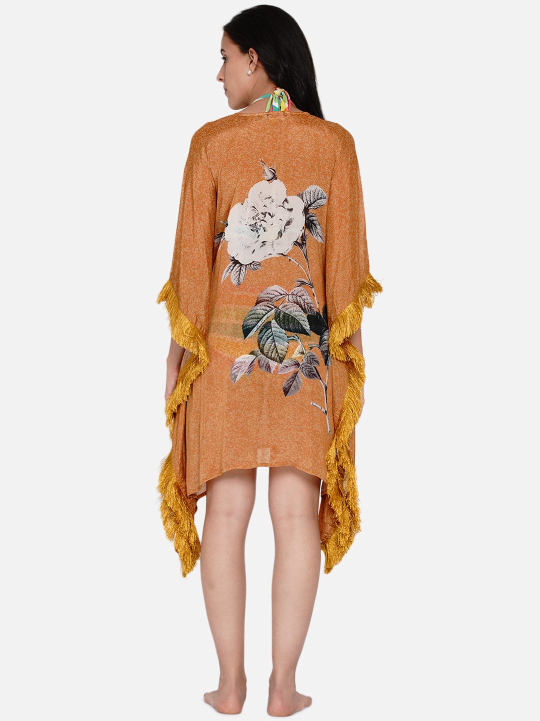 The Kaftan Company Kaftan Mustard Illustrated Flower Sheer Kaftan Coverup
