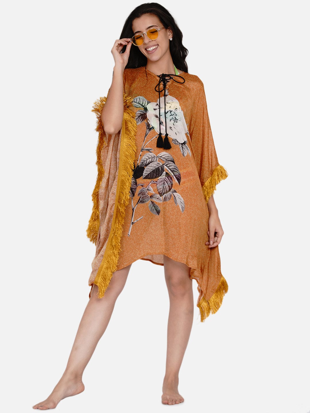 The Kaftan Company Kaftan Mustard Illustrated Flower Sheer Kaftan Coverup
