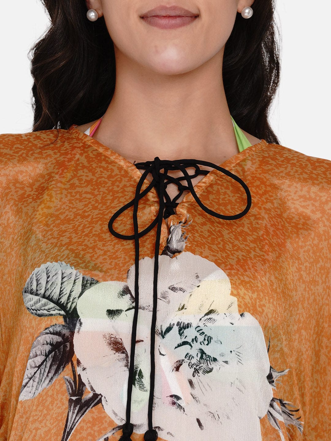 The Kaftan Company Kaftan Mustard Illustrated Flower Sheer Kaftan Coverup