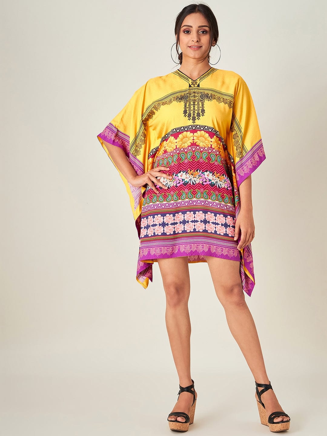 The Kaftan Company Kaftan Mustard Yellow Decorated Resort Dress