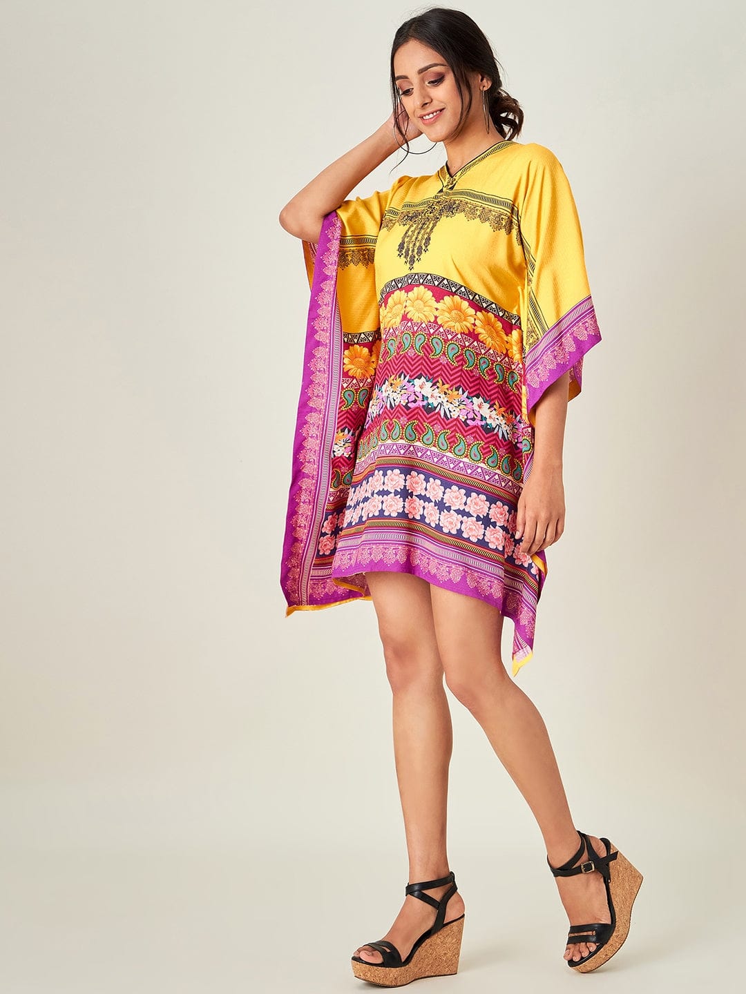 The Kaftan Company Kaftan Mustard Yellow Decorated Resort Dress