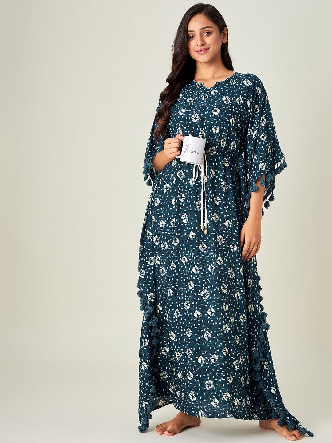 The Kaftan Company Kaftan Navy Blue Bandhani Loungewear Kaftan