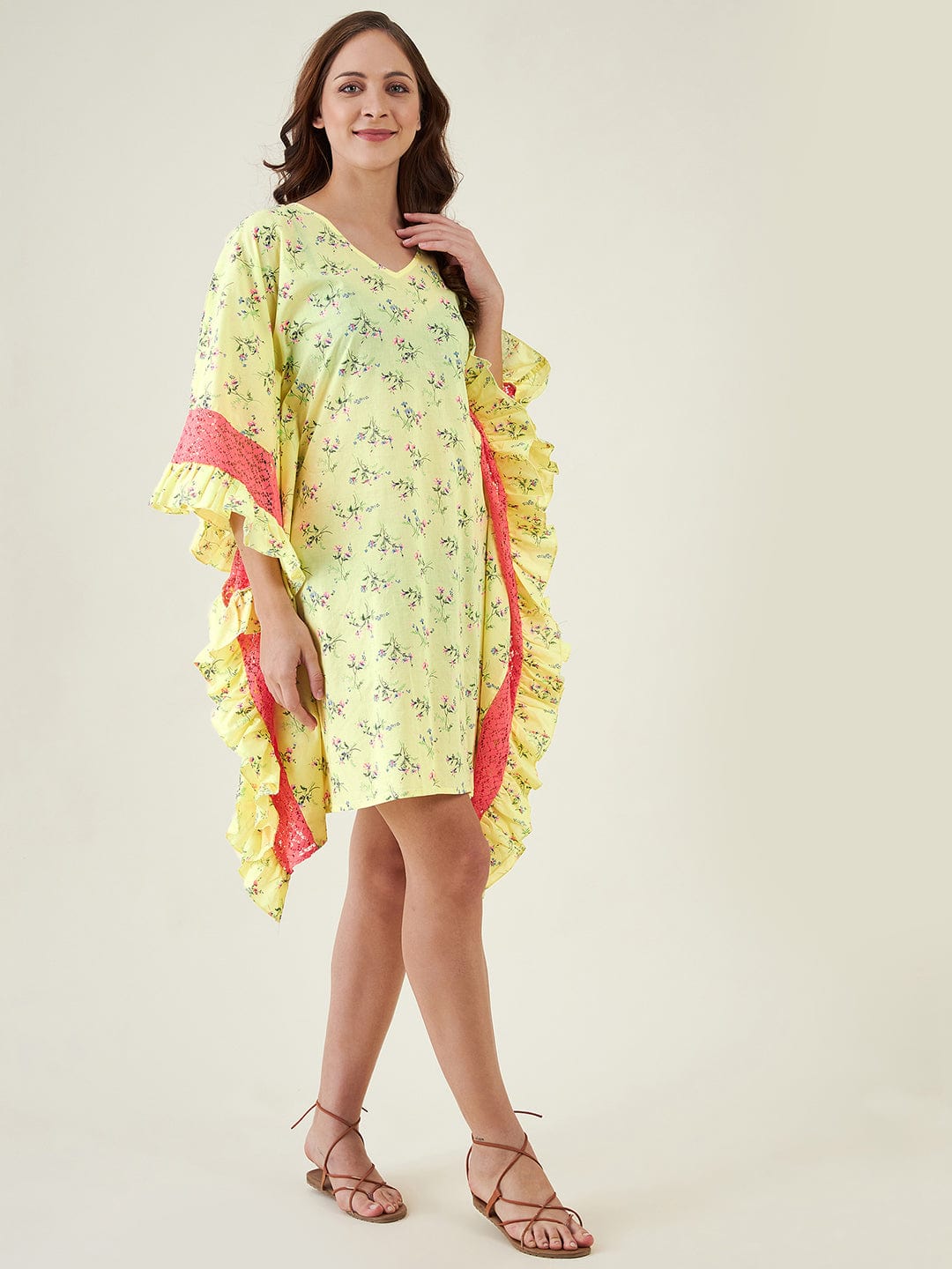 The Kaftan Company Kaftan Neon Yellow Floral Patterned Kaftan