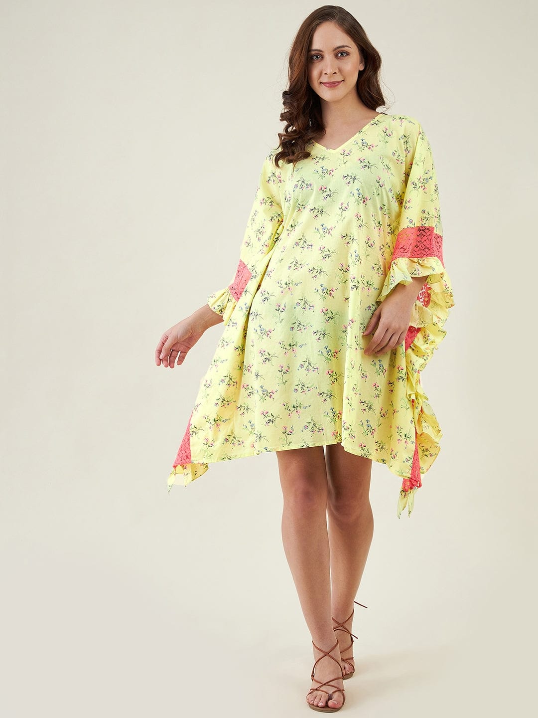 The Kaftan Company Kaftan Neon Yellow Floral Patterned Kaftan