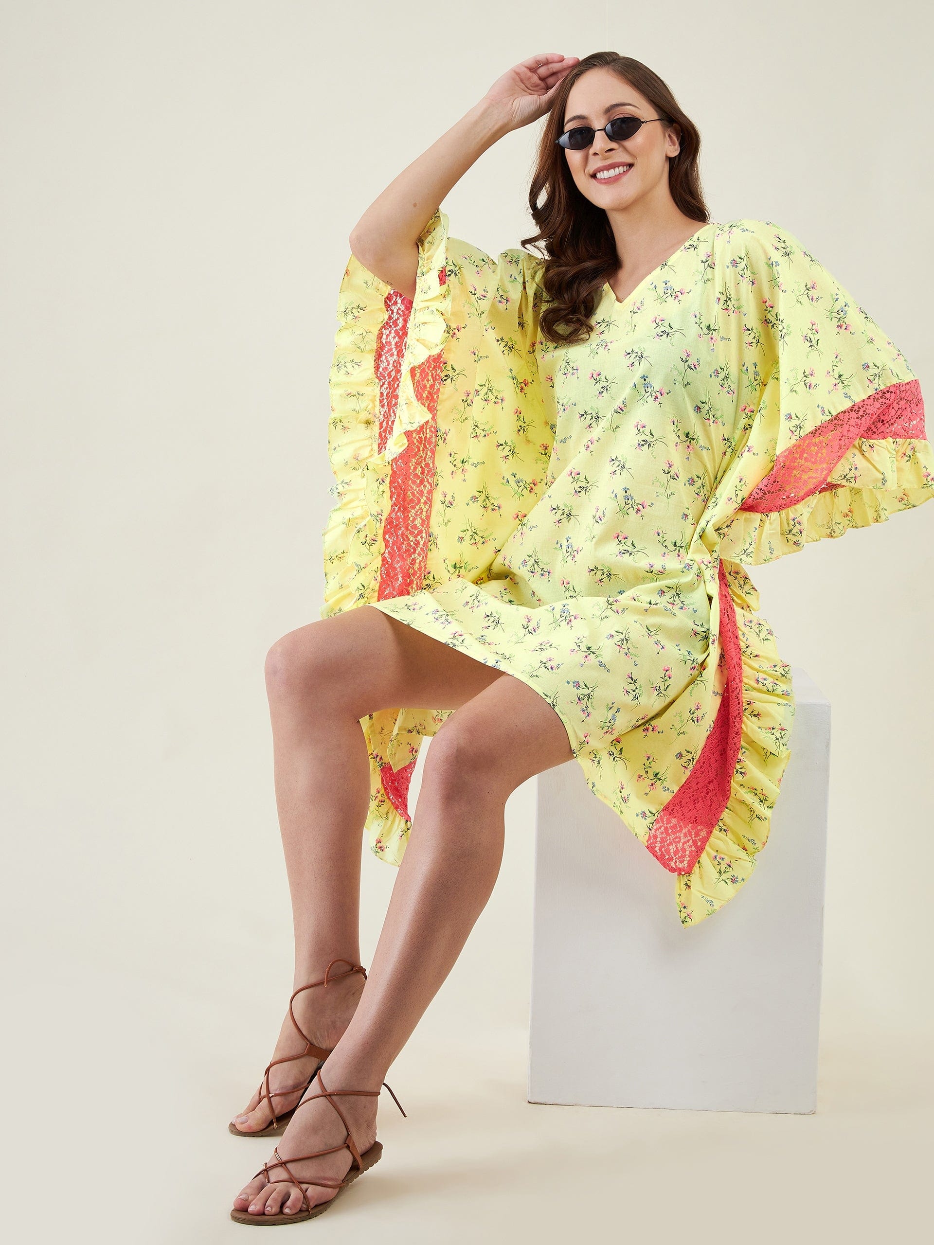 The Kaftan Company Kaftan Neon Yellow Floral Patterned Kaftan