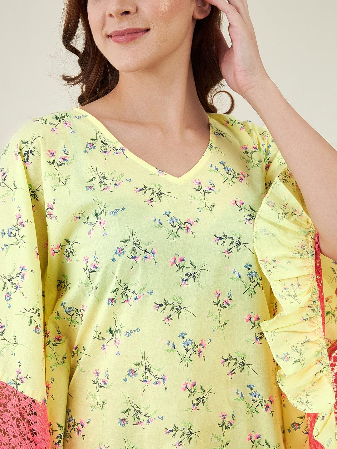 The Kaftan Company Kaftan Neon Yellow Floral Patterned Kaftan