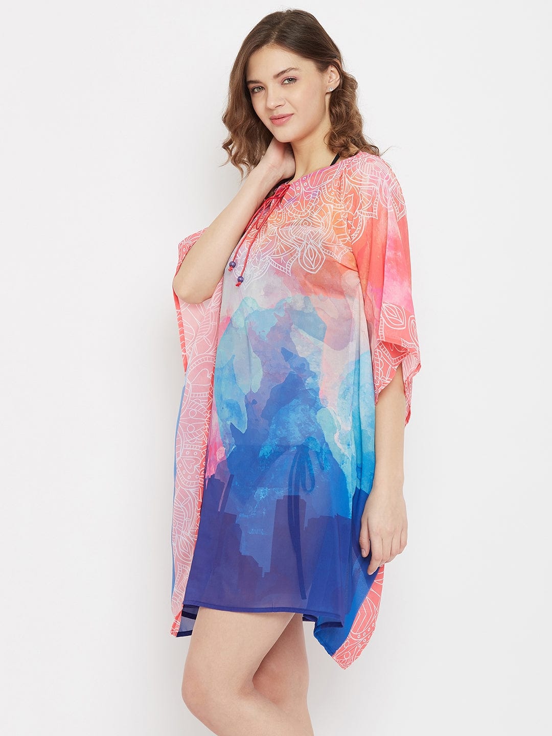 The Kaftan Company Kaftan Pink and Blue Cityscape Georgette Resort Kaftan