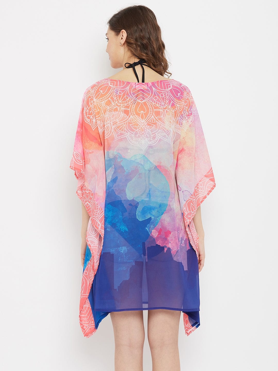 The Kaftan Company Kaftan Pink and Blue Cityscape Georgette Resort Kaftan