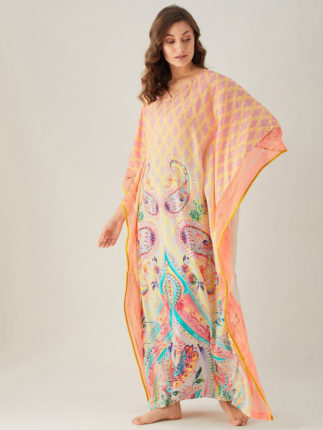 The Kaftan Company Kaftan Pink And Yellow Ombre Paisley Kaftan