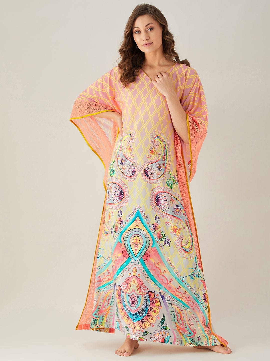 The Kaftan Company Kaftan Pink And Yellow Ombre Paisley Kaftan