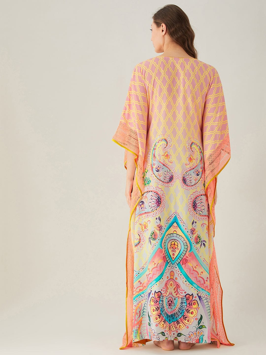 The Kaftan Company Kaftan Pink And Yellow Ombre Paisley Kaftan