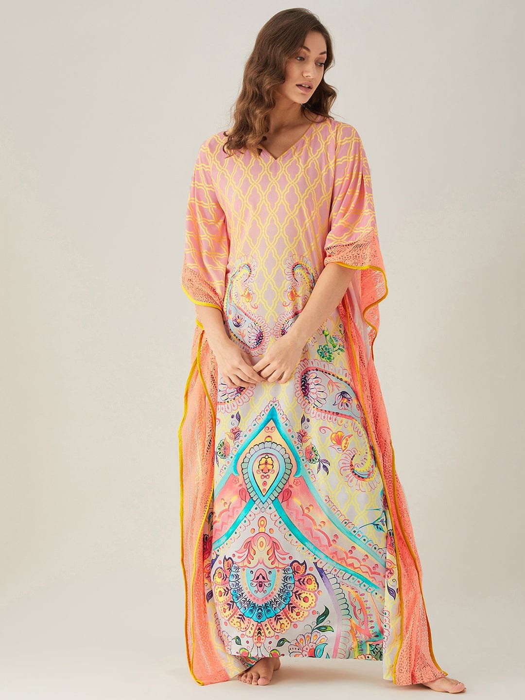 The Kaftan Company Kaftan Pink And Yellow Ombre Paisley Kaftan
