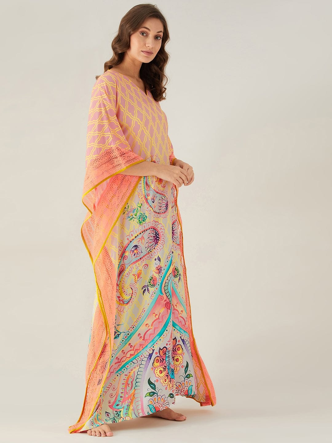 The Kaftan Company Kaftan Pink And Yellow Ombre Paisley Kaftan