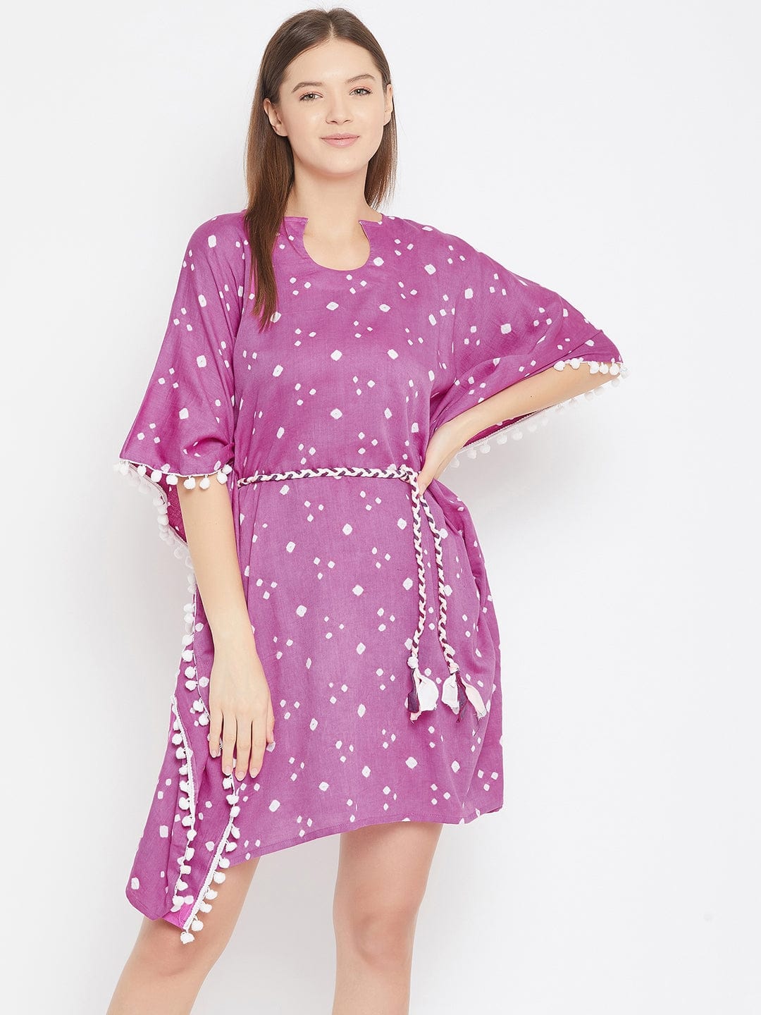 The Kaftan Company Kaftan Purple Bandhani Knee Length Kaftan with Pompom
