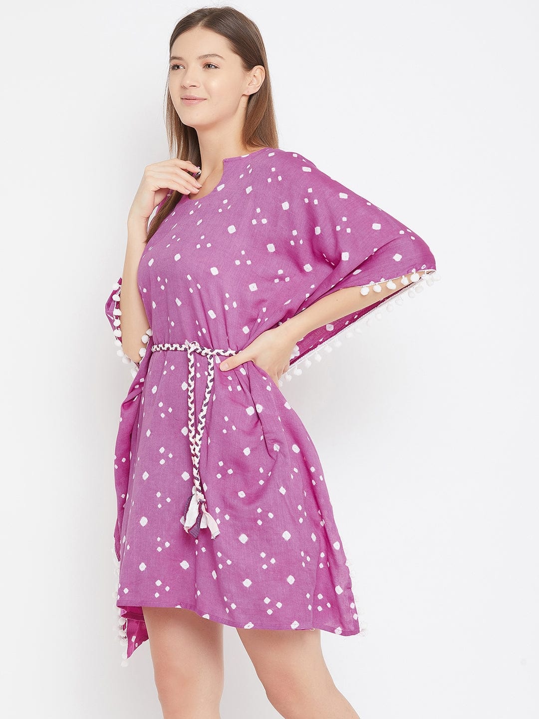 The Kaftan Company Kaftan Purple Bandhani Knee Length Kaftan with Pompom