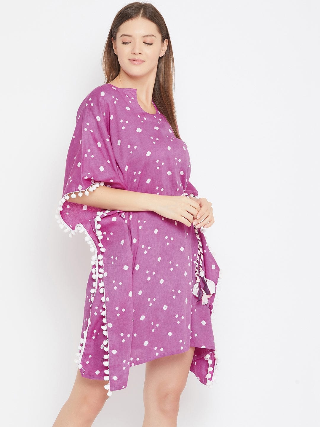 The Kaftan Company Kaftan Purple Bandhani Knee Length Kaftan with Pompom