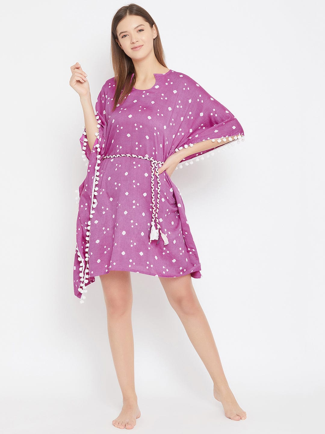 The Kaftan Company Kaftan Purple Bandhani Knee Length Kaftan with Pompom