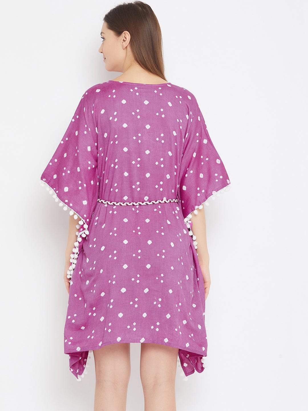The Kaftan Company Kaftan Purple Bandhani Knee Length Kaftan with Pompom