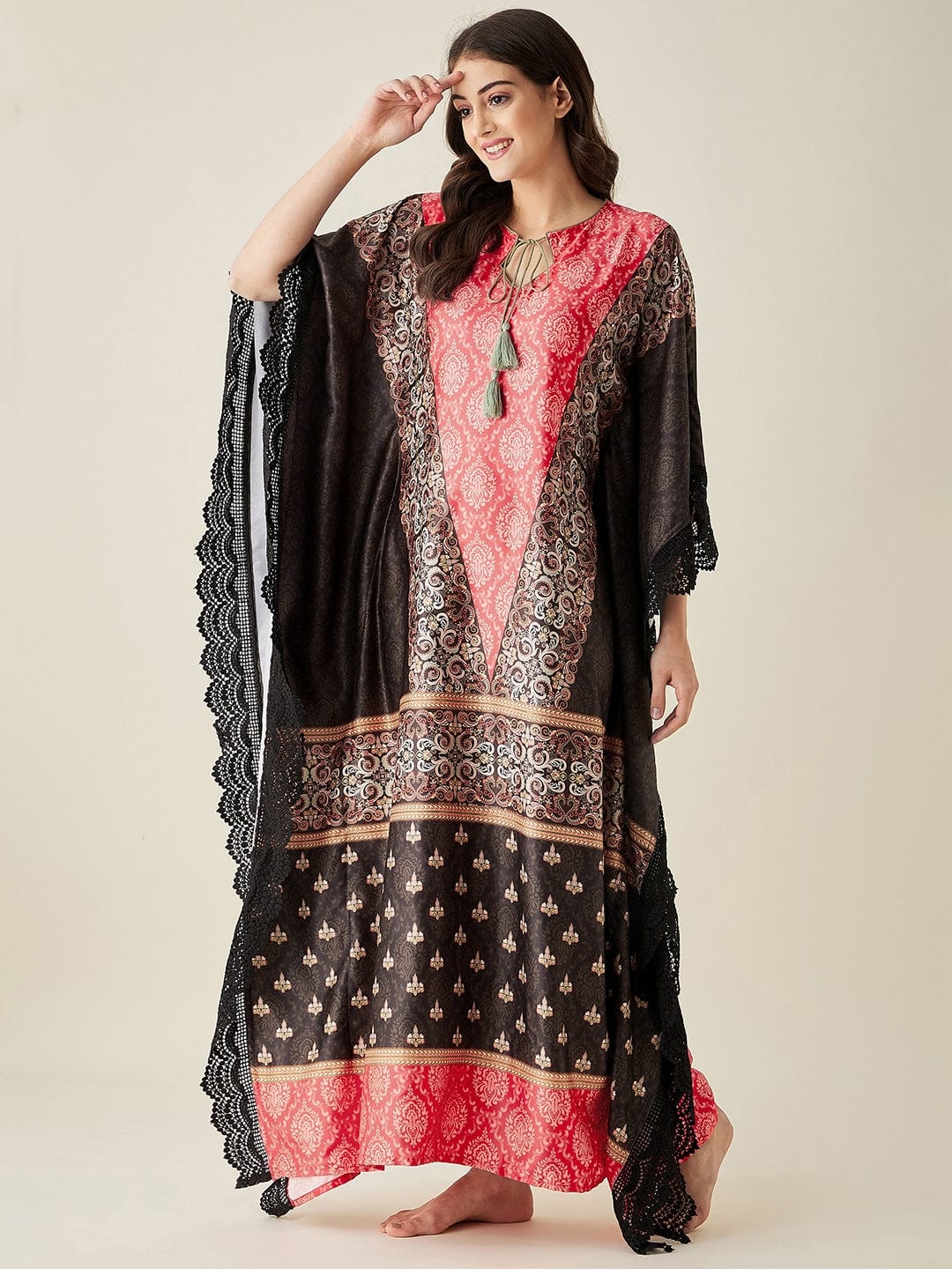 The Kaftan Company Kaftan Red and Black Satin Ethnic Motif Kaftan Night Dress
