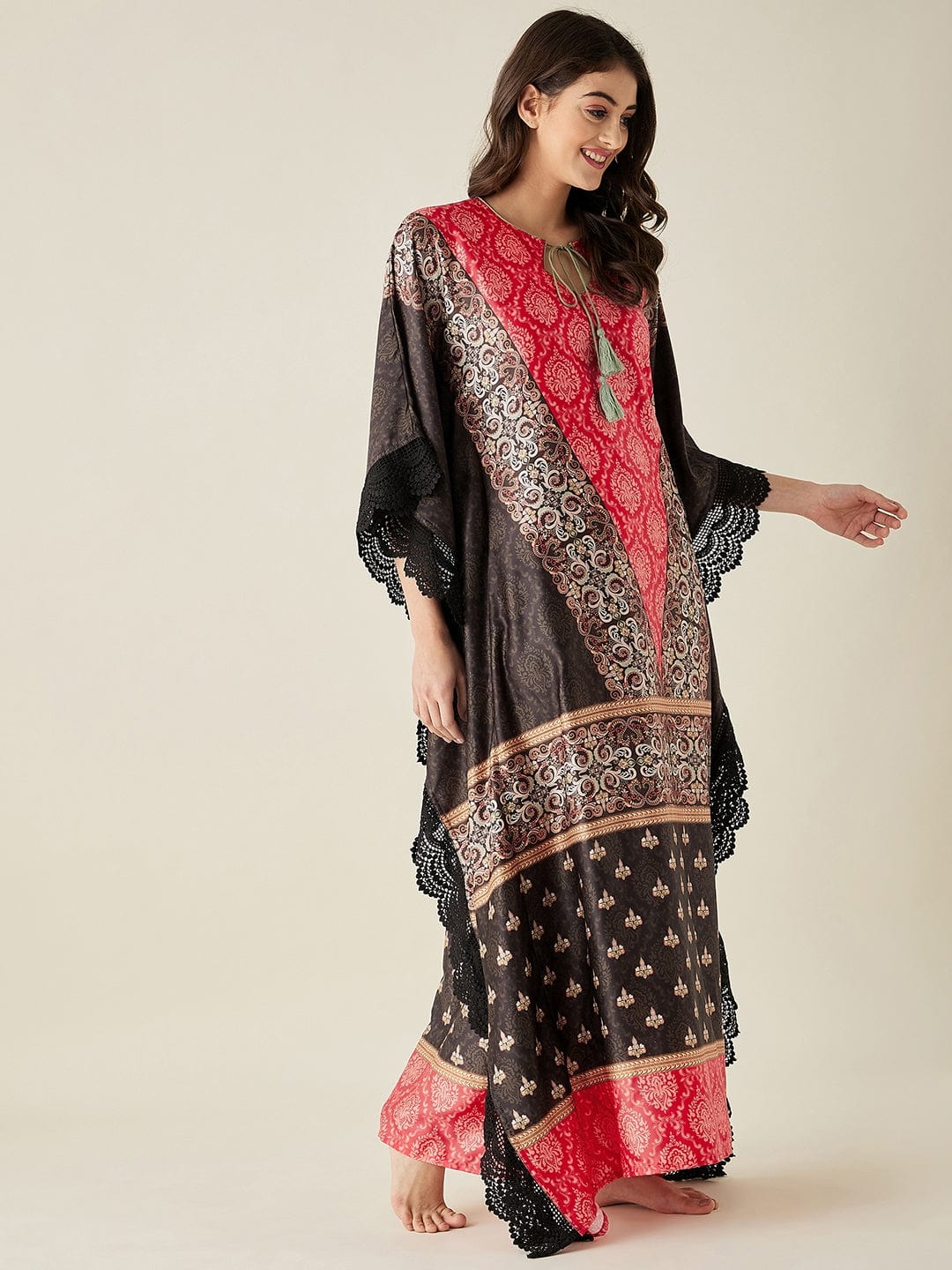 The Kaftan Company Kaftan Red and Black Satin Ethnic Motif Kaftan Night Dress