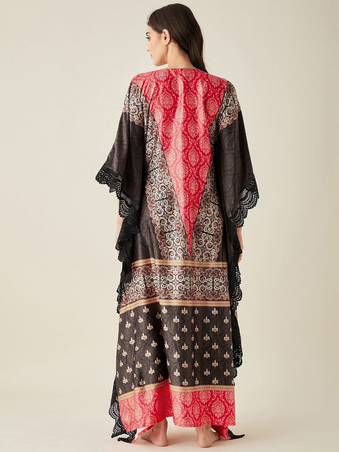 The Kaftan Company Kaftan Red and Black Satin Ethnic Motif Kaftan Night Dress