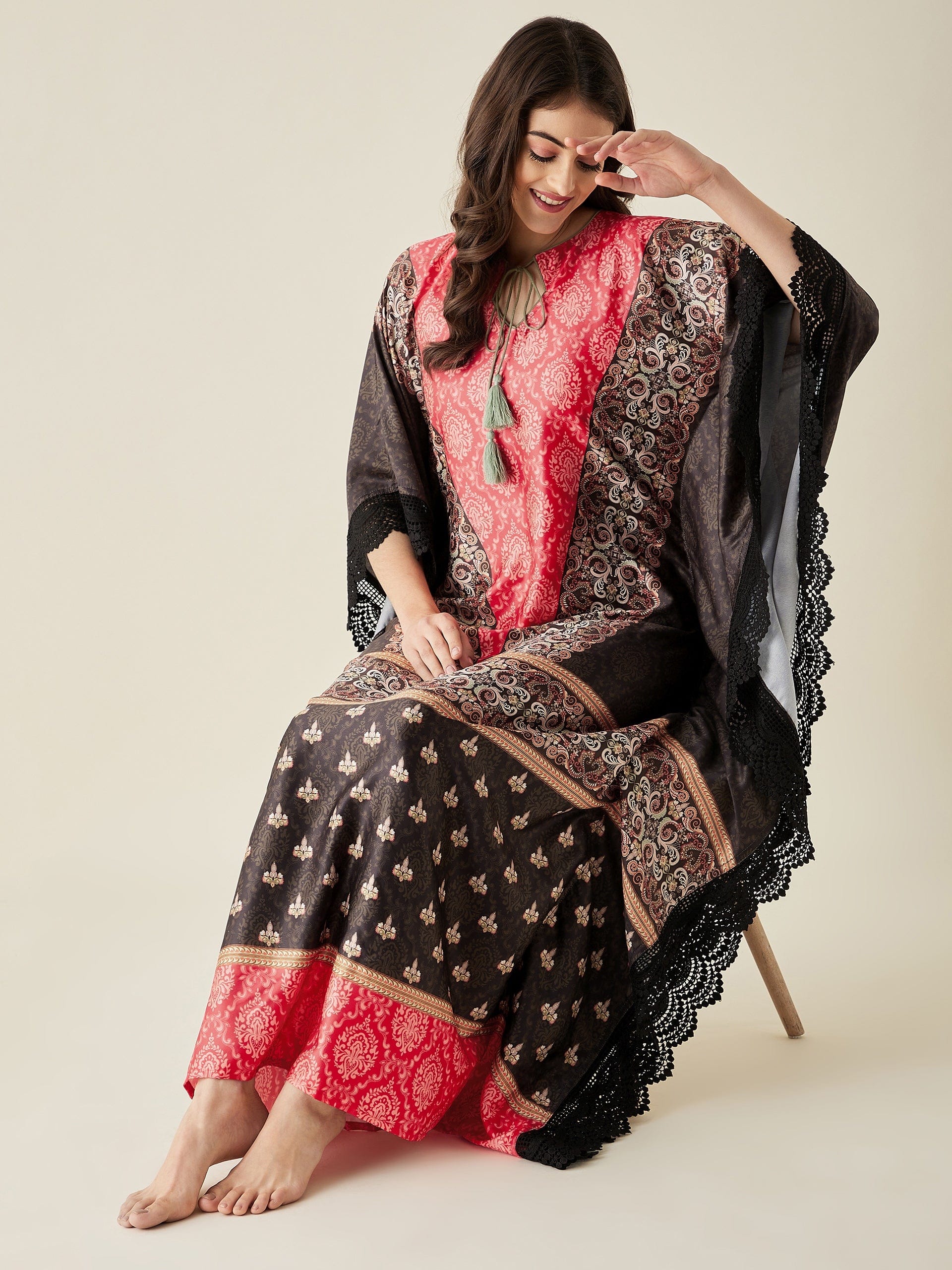 The Kaftan Company Kaftan Red and Black Satin Ethnic Motif Kaftan Night Dress