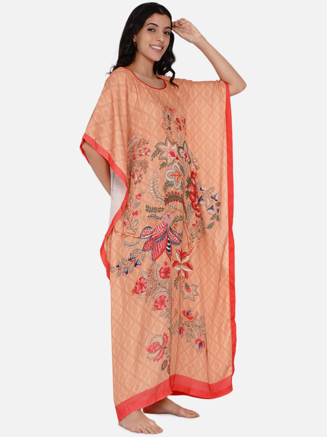 The Kaftan Company Kaftan Red and Orange Decorated Floral Satin Kaftan - (Clearance - Final Sale)