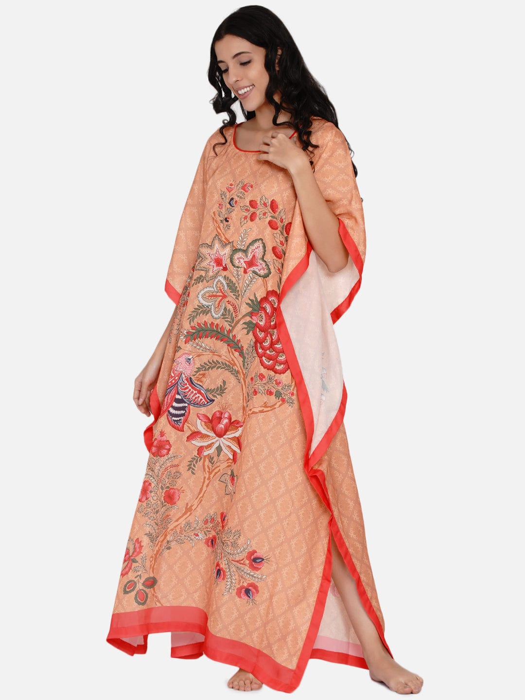 The Kaftan Company Kaftan Red and Orange Decorated Floral Satin Kaftan - (Clearance - Final Sale)
