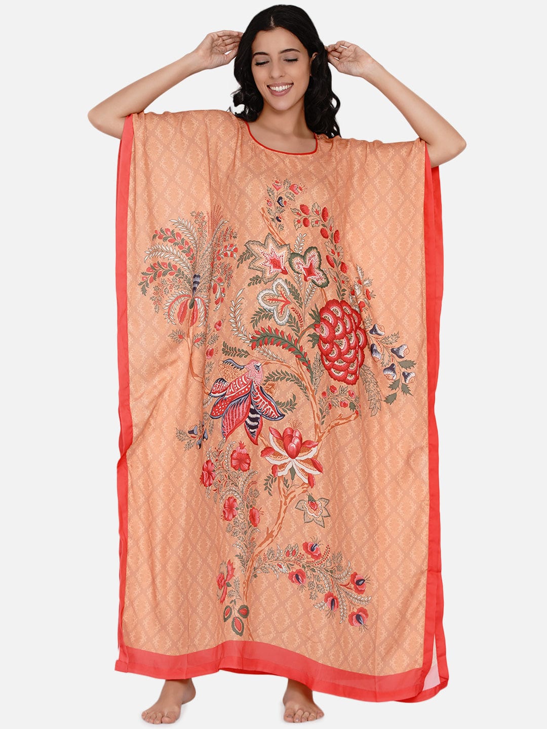 The Kaftan Company Kaftan Red and Orange Decorated Floral Satin Kaftan - (Clearance - Final Sale)