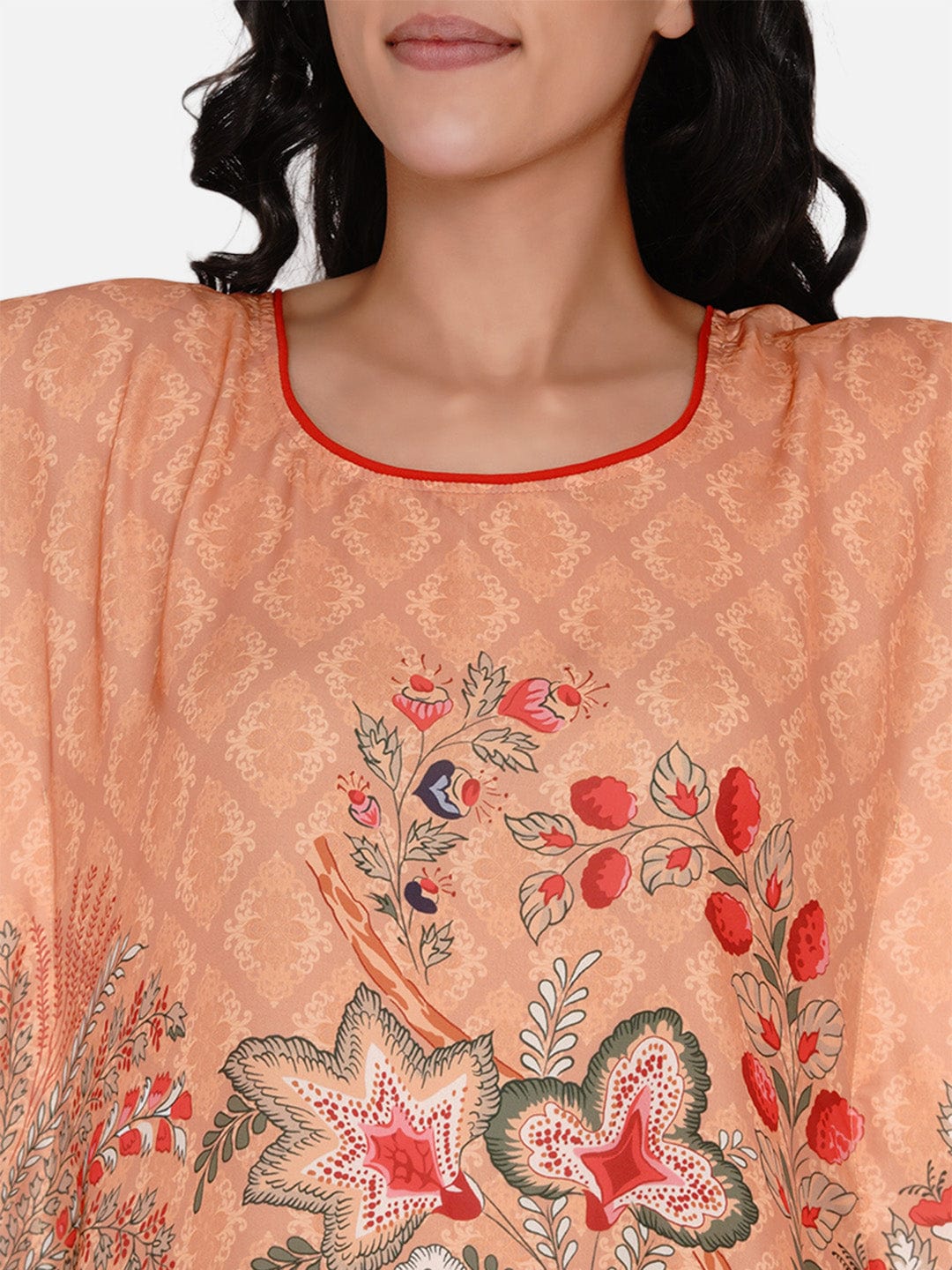 The Kaftan Company Kaftan Red and Orange Decorated Floral Satin Kaftan - (Clearance - Final Sale)
