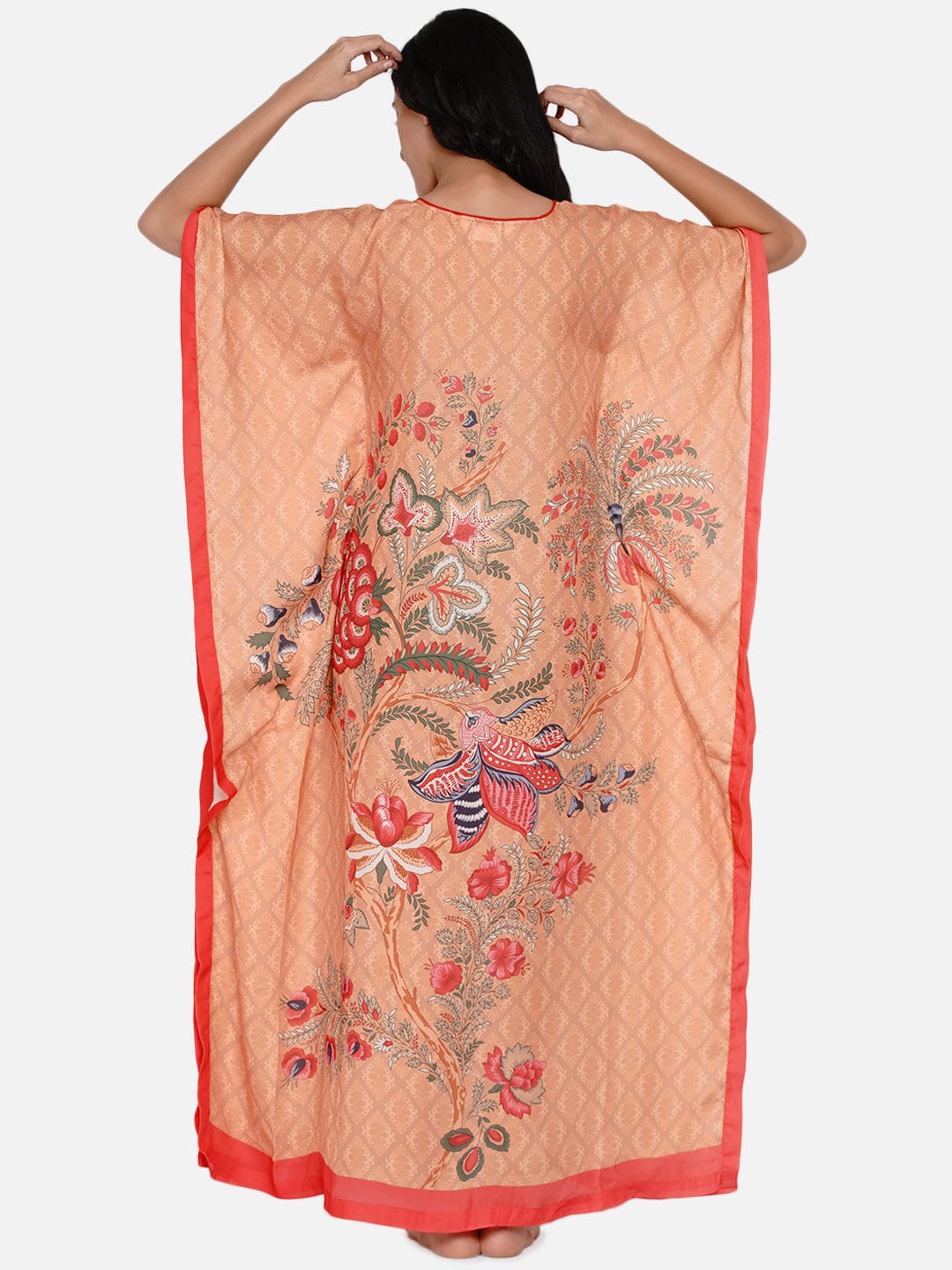The Kaftan Company Kaftan Red and Orange Decorated Floral Satin Kaftan - (Clearance - Final Sale)