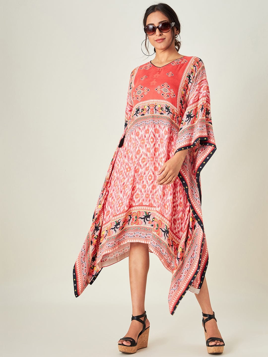 The Kaftan Company Kaftan Red Boho Ikkat Kaftan Dress (Final Sale)
