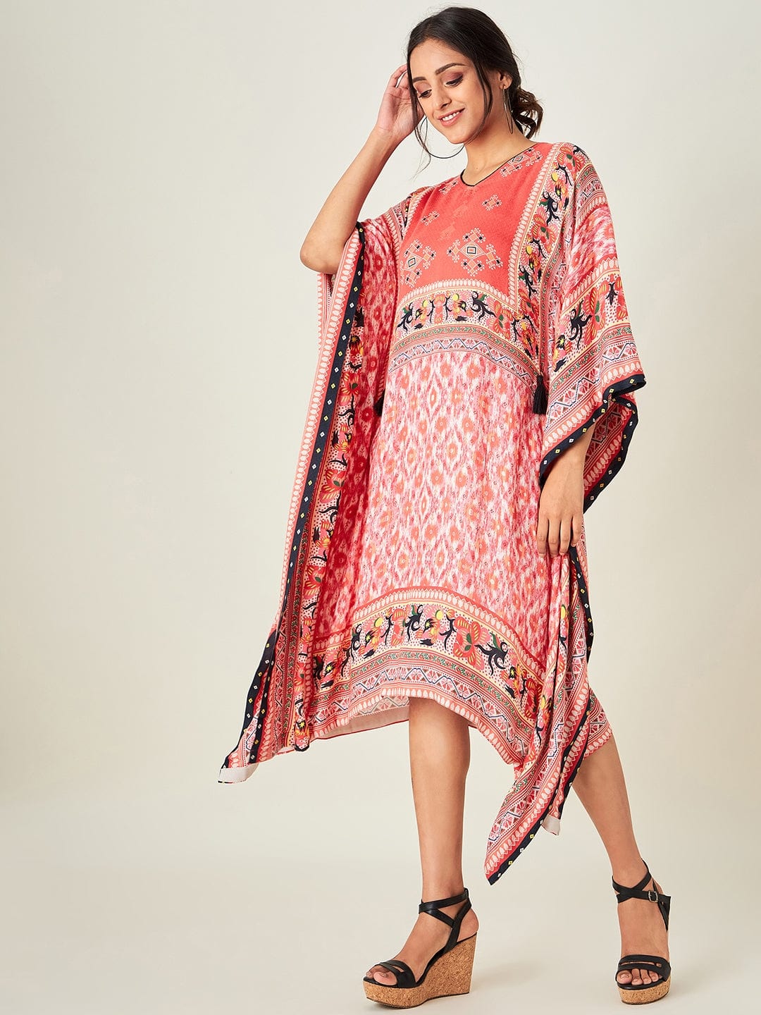 The Kaftan Company Kaftan Red Boho Ikkat Kaftan Dress (Final Sale)