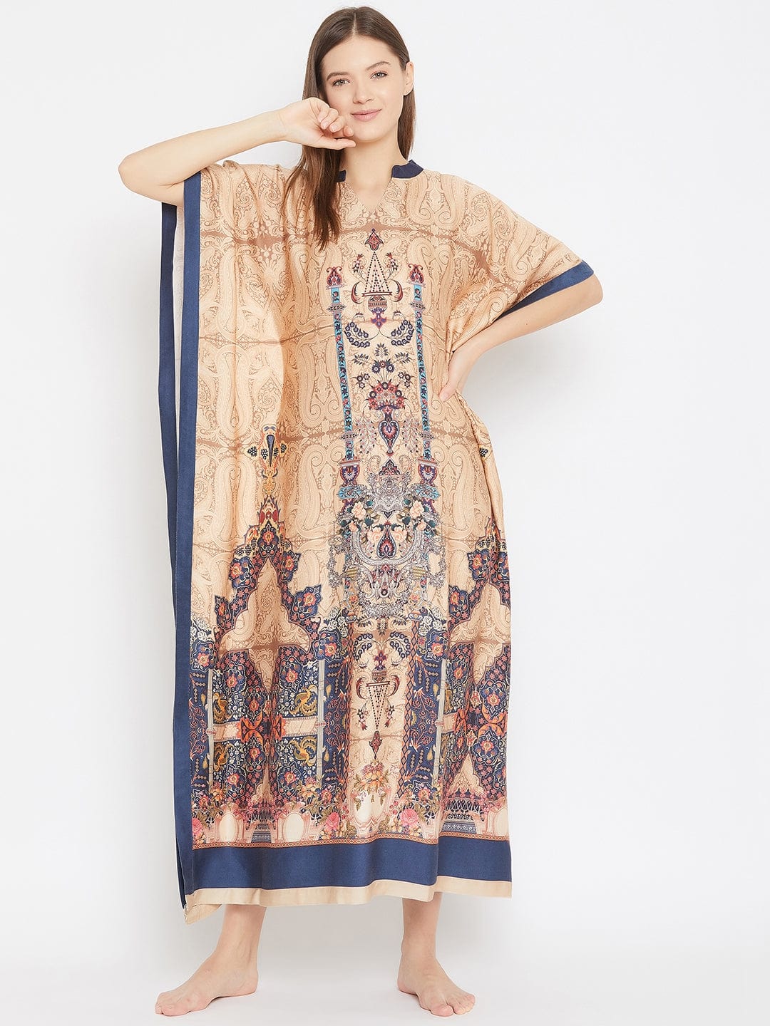The Kaftan Company Kaftan Regal Paisleys Printed Beige Maxi Kaftan
