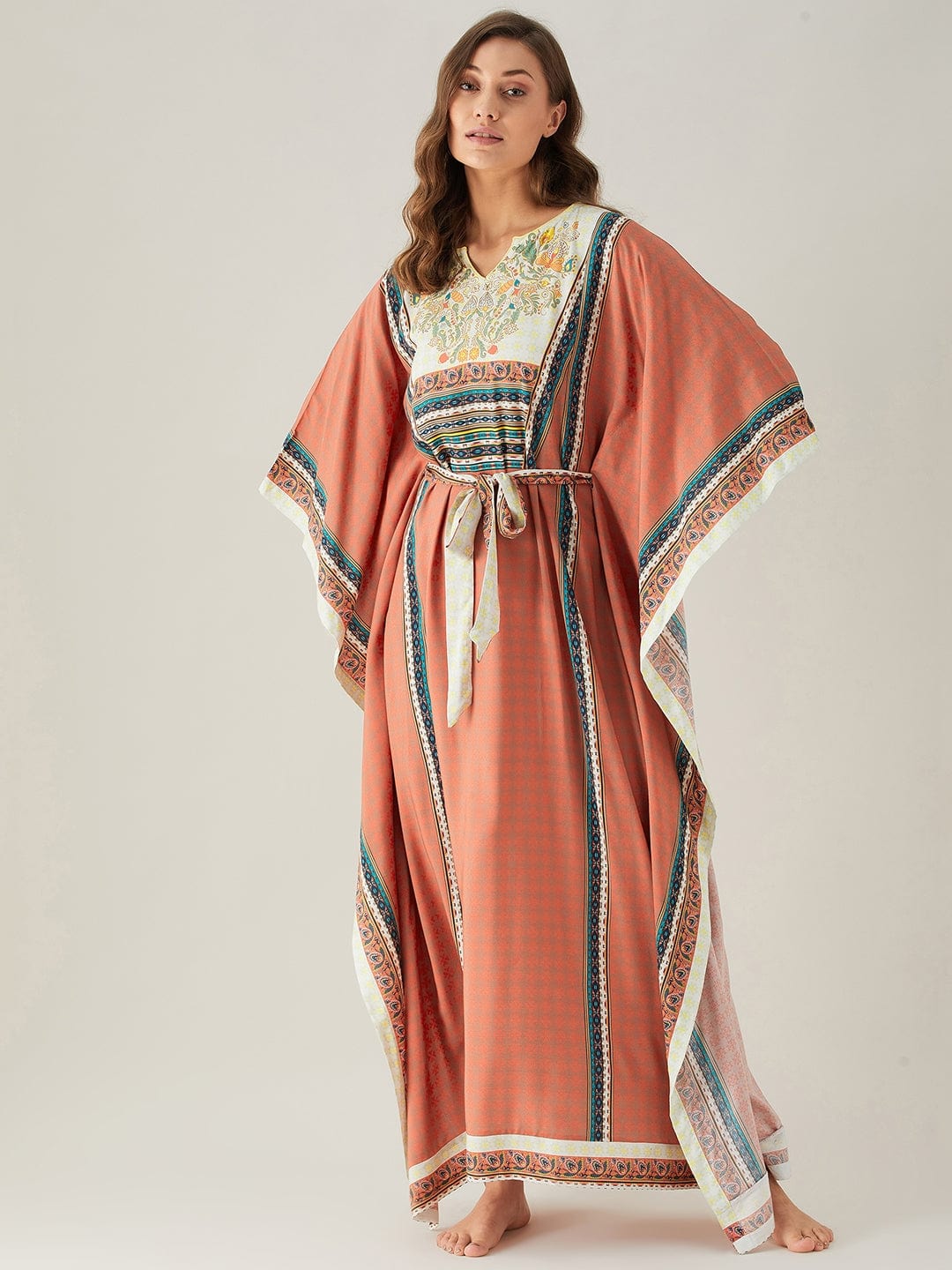The Kaftan Company Kaftan Rust Red Floral Yoke Loungewear Kaftan