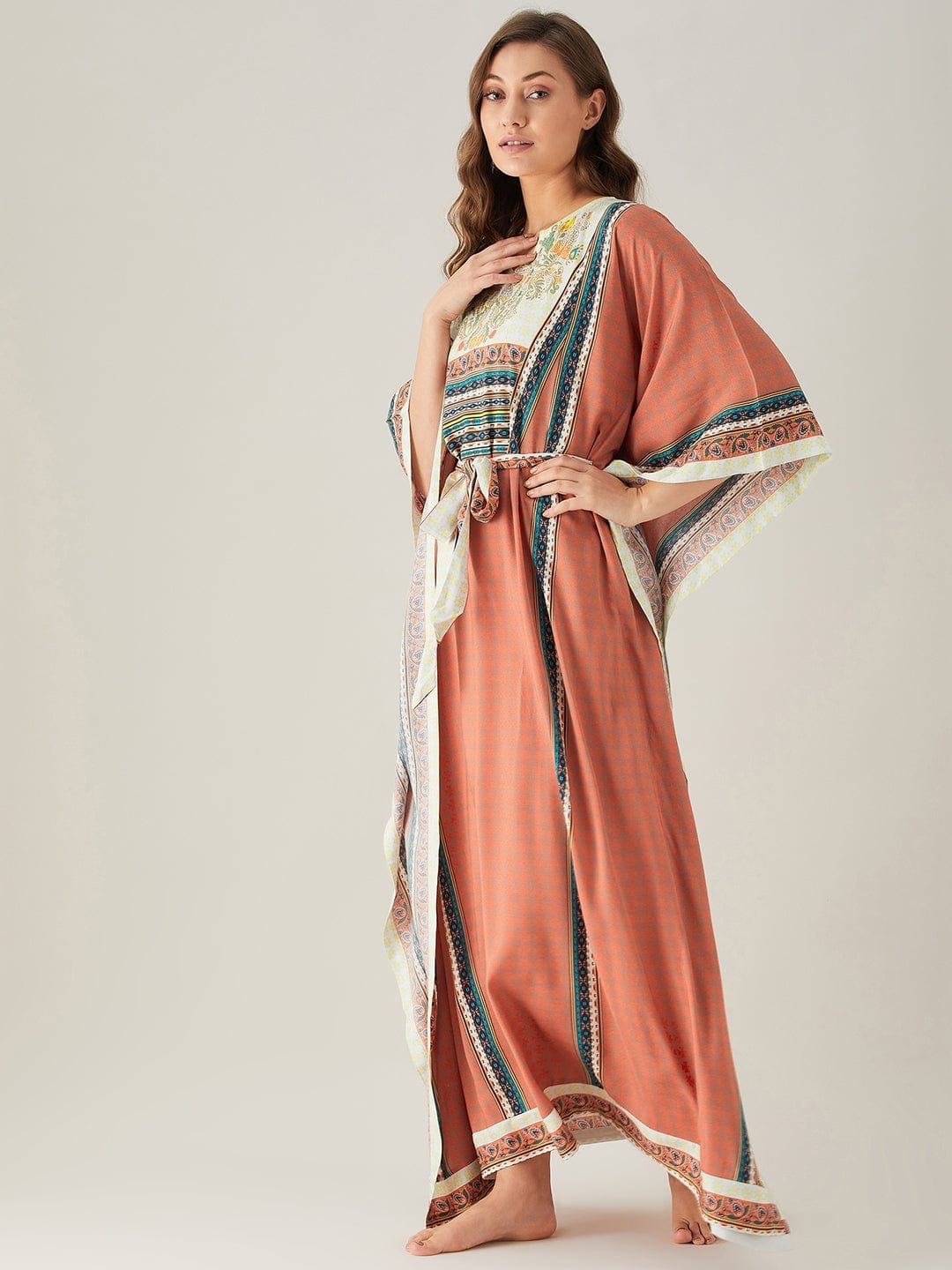 The Kaftan Company Kaftan Rust Red Floral Yoke Loungewear Kaftan