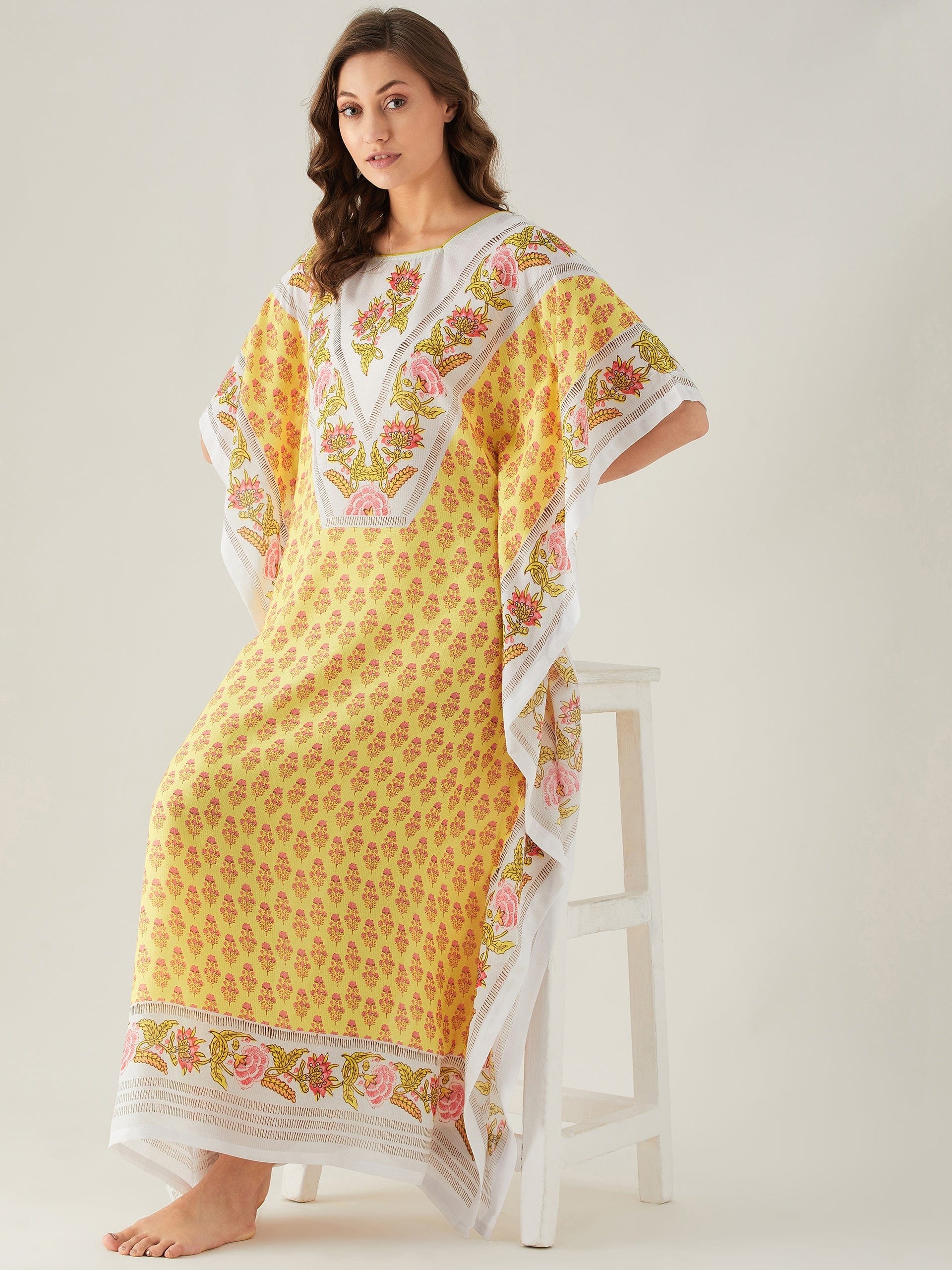 The Kaftan Company Kaftan White and Yellow Floral Buta Print Kaftan