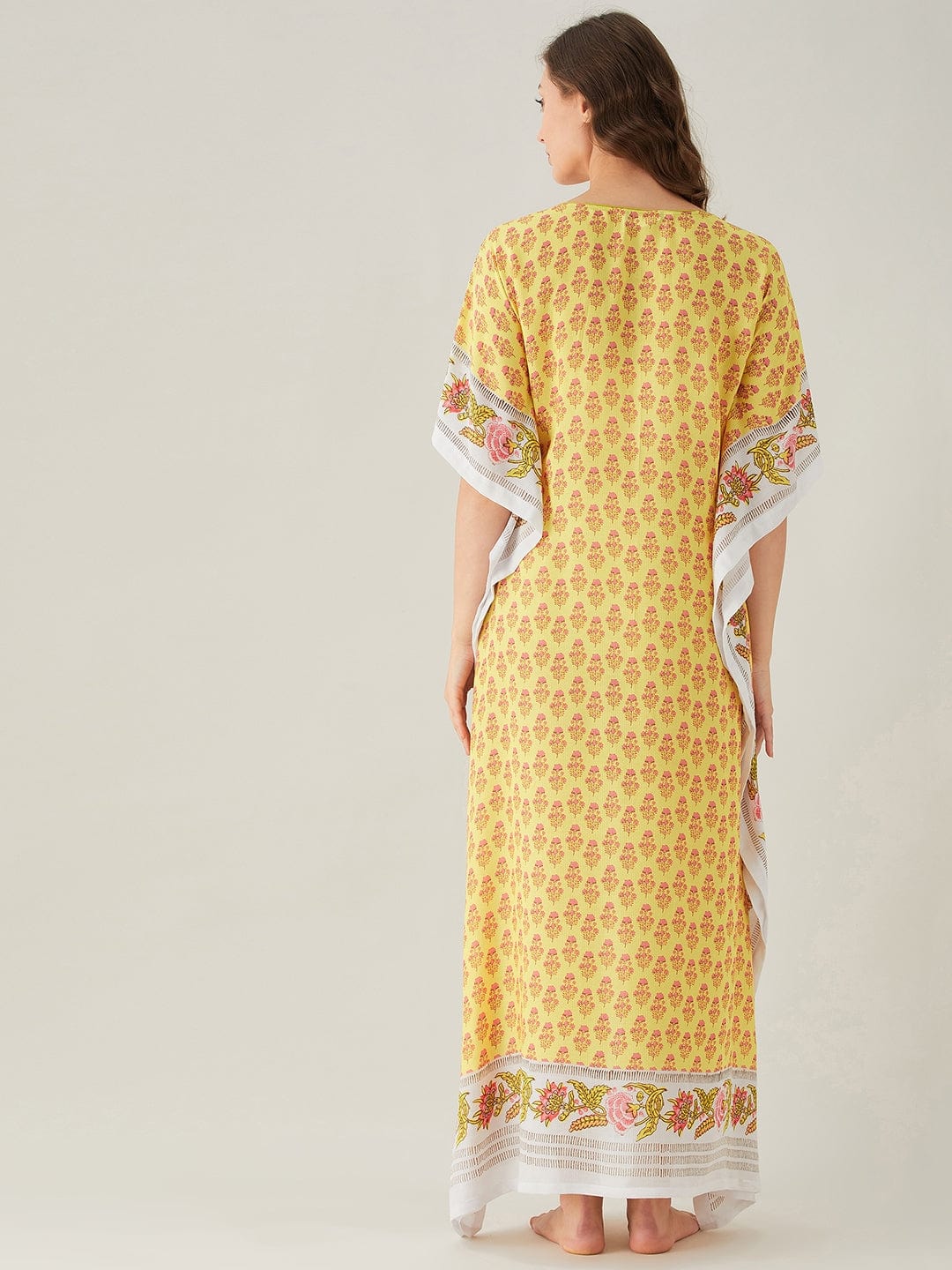 The Kaftan Company Kaftan White and Yellow Floral Buta Print Kaftan