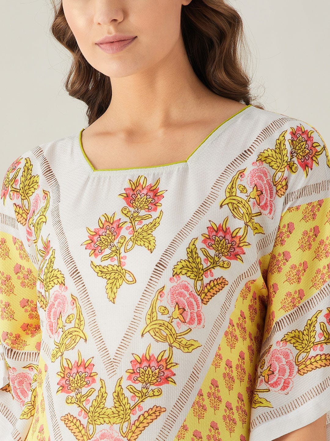 The Kaftan Company Kaftan White and Yellow Floral Buta Print Kaftan