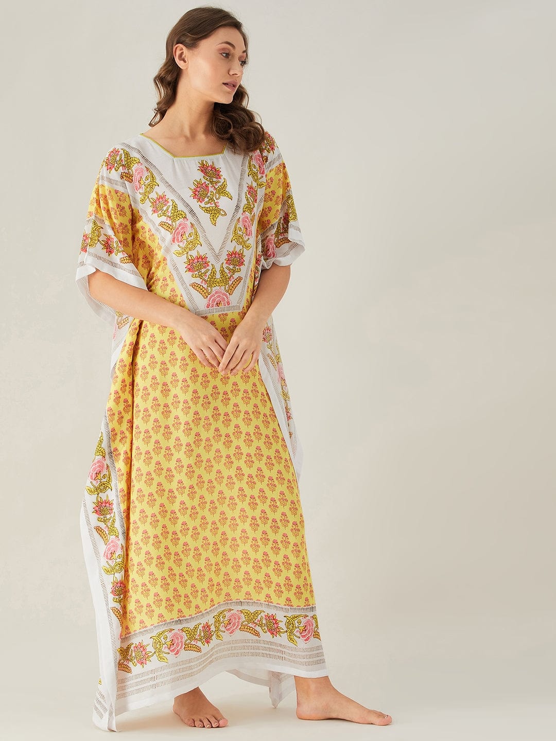 The Kaftan Company Kaftan White and Yellow Floral Buta Print Kaftan