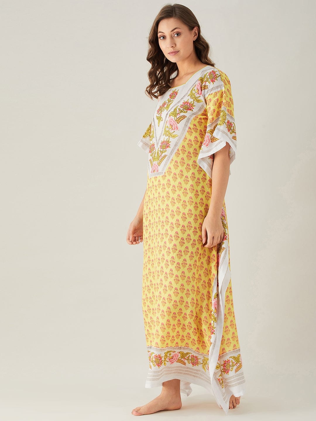 The Kaftan Company Kaftan White and Yellow Floral Buta Print Kaftan