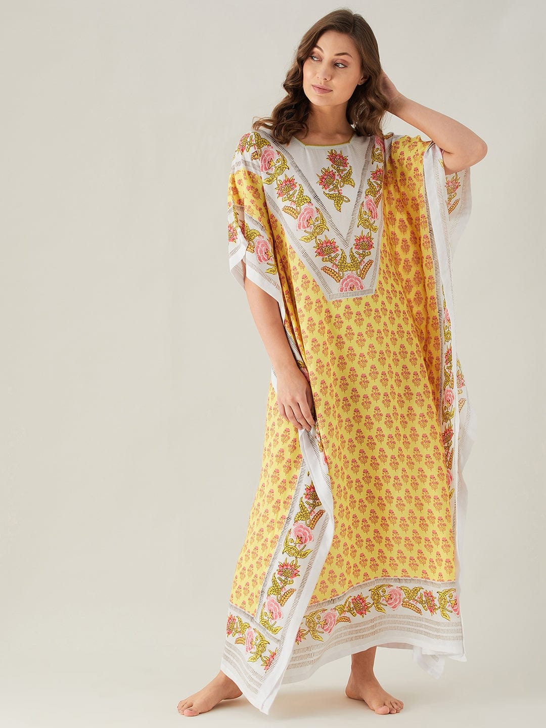 The Kaftan Company Kaftan White and Yellow Floral Buta Print Kaftan