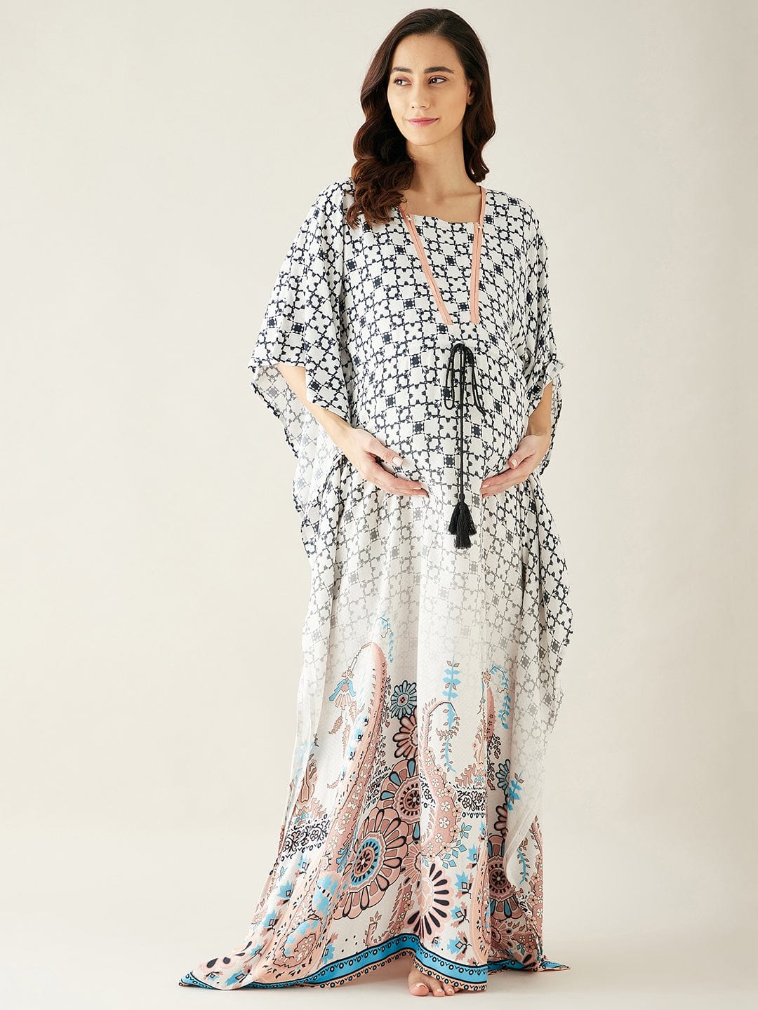 The Kaftan Company Kaftan White Digital Printed Night Wear Maternity Kaftan