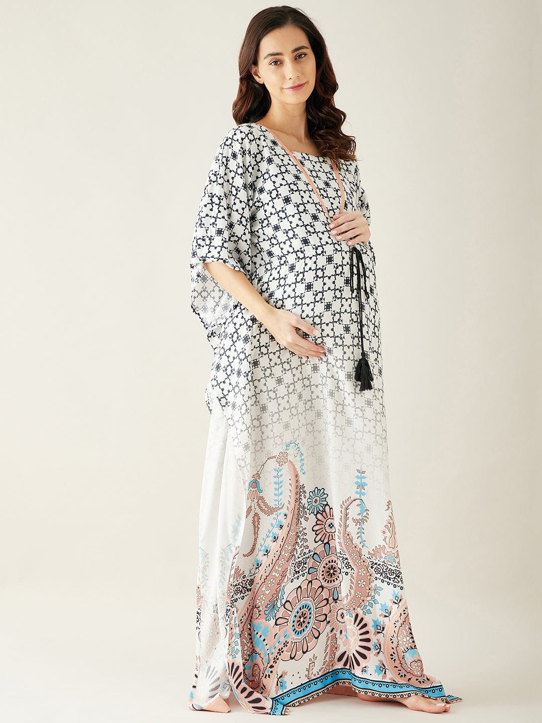 The Kaftan Company Kaftan White Digital Printed Night Wear Maternity Kaftan